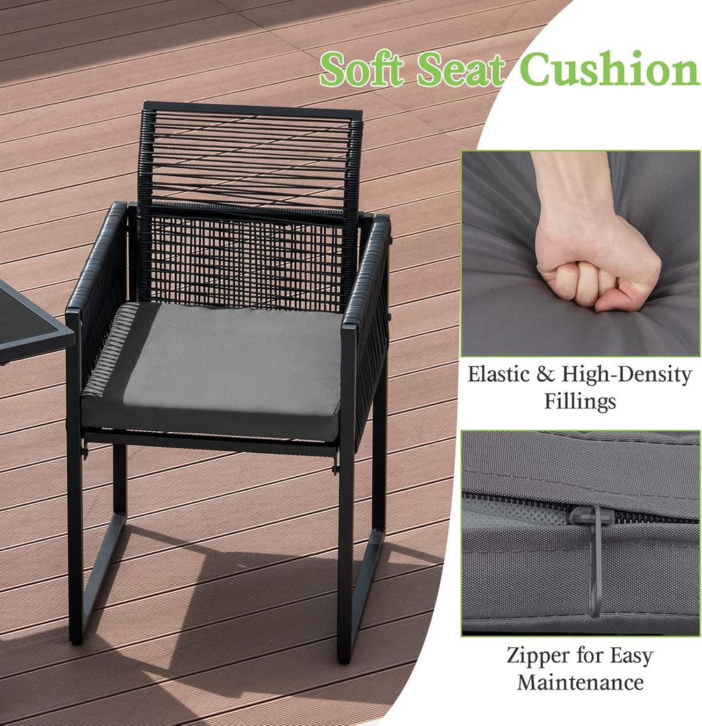 Tangkula 3 Pieces Outdoor Dining Set, Patio PE Rattan Furniture Set with Folding Backrest, Cozy Seat Cushions, Tempered Glass Tabletop, Space-Saving Rattan Chair Table Set for Backyard, Poolside