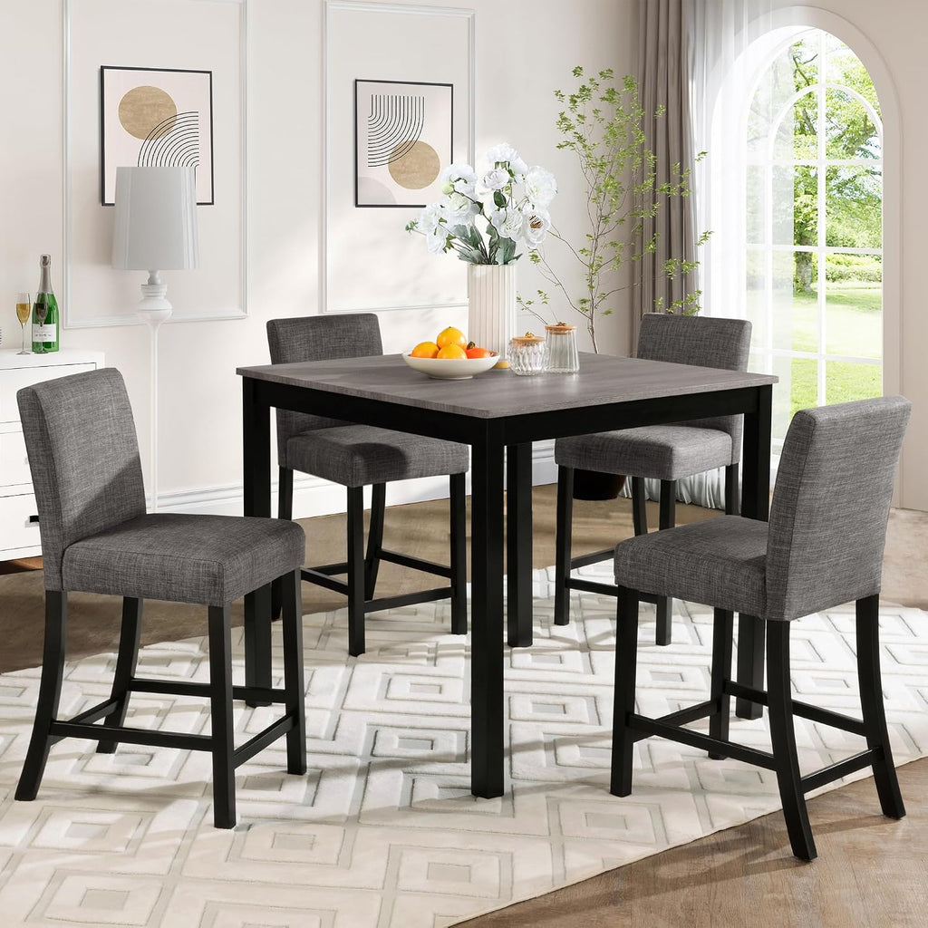 KEIKI 5-Piece Counter Height Dining Table Set with Square Table and 4 Upholstered Curved Backrset Chair, for 4 Person, Modern Wooden Table Set, Easy Assembly, for Kitchen, Dining Room, Black+Gray