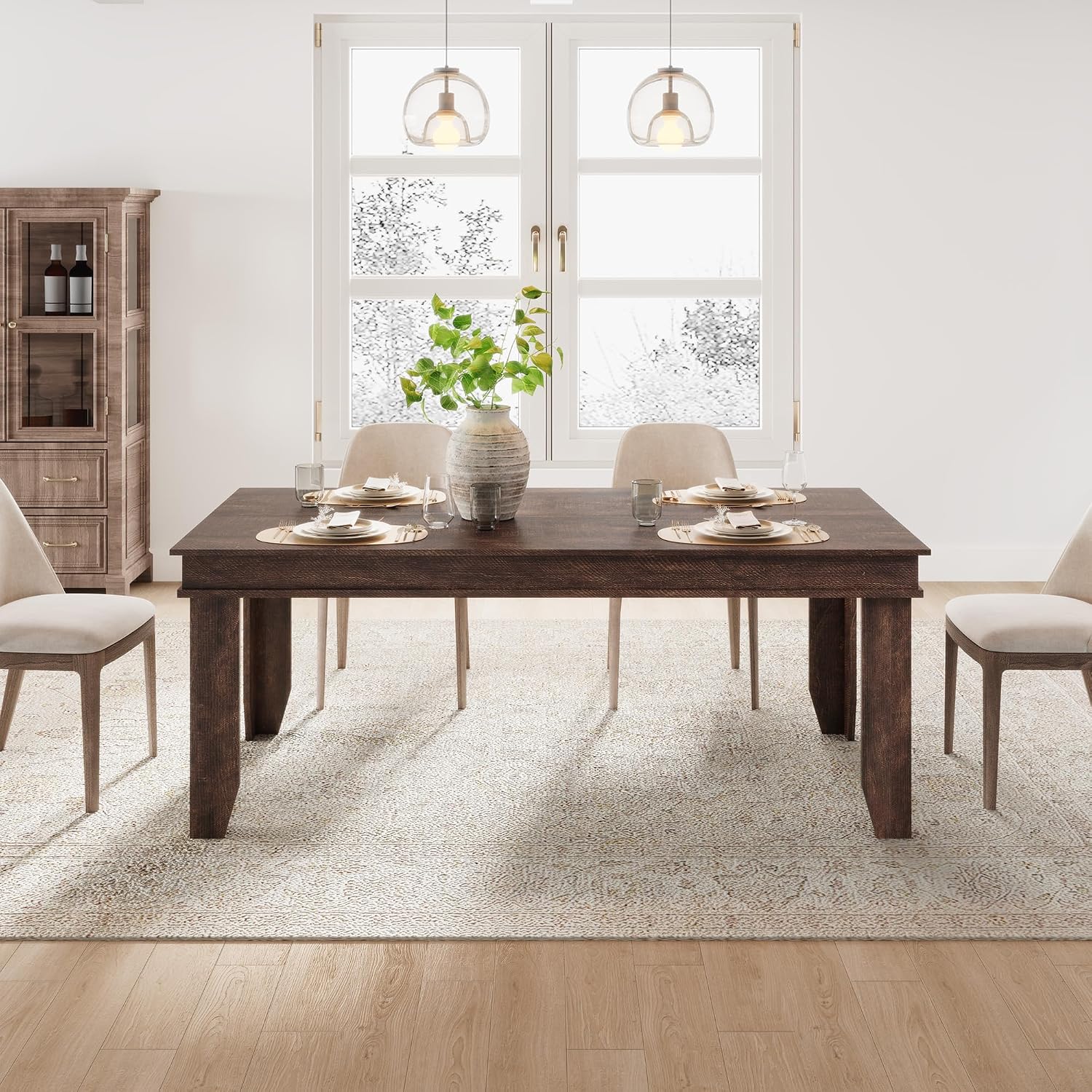 GarveeHome Farmhouse Dining Table for 6-8 People, 71 in Long Kitchen Tables with Wooden Sturdy Frame, 6 ft Large Rectangular Dinner Table for Dining Room, Kitchen, Dark Walnut, 71' Non-extendable