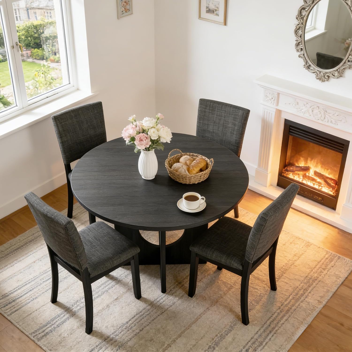 leovanni Round Dining Table Set for 4, Kitchen Table with 4 Upholstered Chairs, 5-Piece Wood Dining Table and Chairs Set for Kitchen, Dining Room, Living Room, Dark Gray