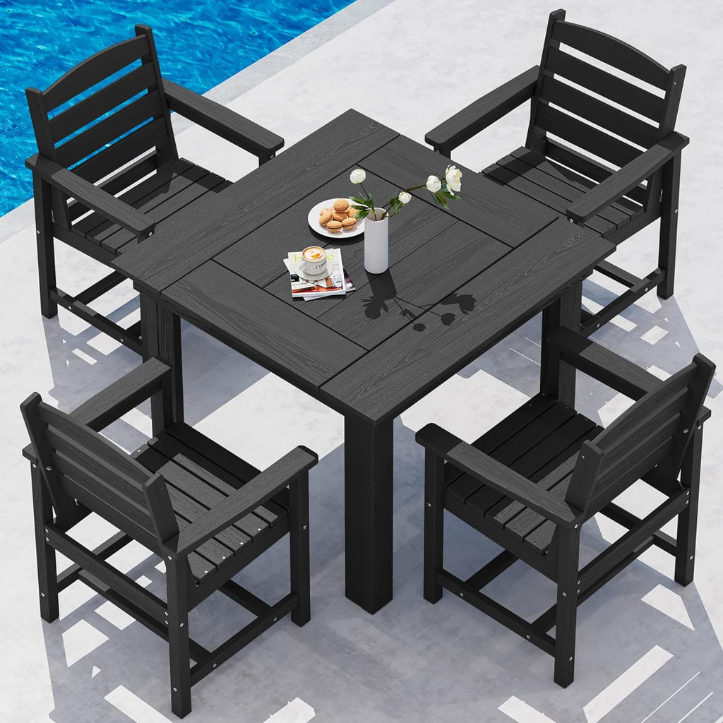 SERWALL Outdoor Dining Set for 4, HDPE Square Table and Chairs Set All Weather Patio Dining Set with 4 Classic Dining Chairs, 5-Piece Patio Dining Furniture for Deck, Black