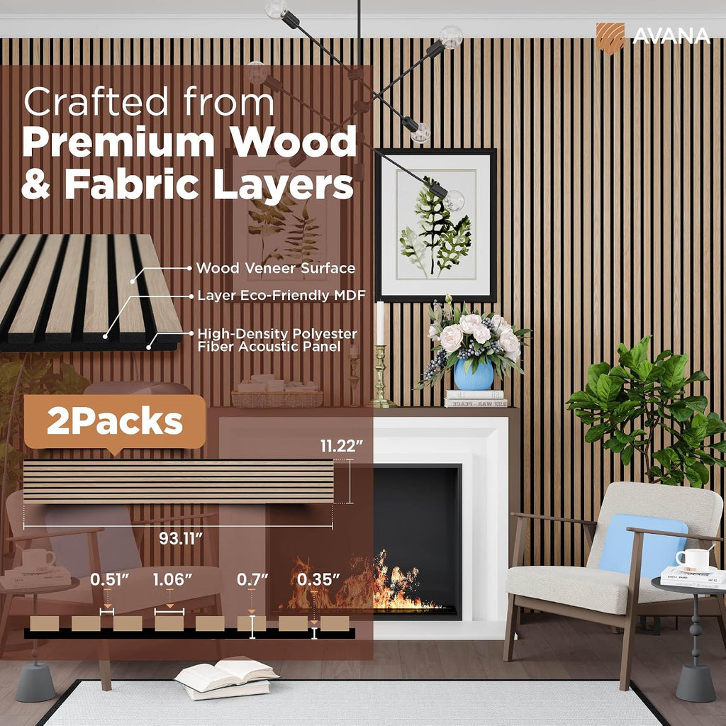Avana Acoustic Wood Wall Panels – 93.2x11.25 Inch Panels – Fits 94x12 Layout – White Oak Acoustic Panels 2 PCs – Wall Panels for Interior Wall Decor for Homes, Offices – Durable Wood Panels for Wall