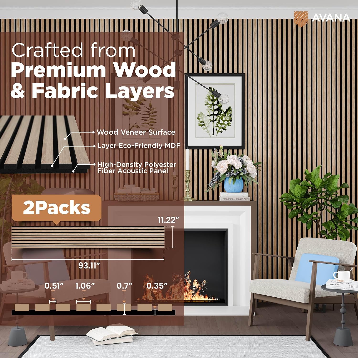 Avana Acoustic Wood Wall Panels – 93.2x11.25 Inch Panels – Fits 94x12 Layout – White Oak Acoustic Panels 2 PCs – Wall Panels for Interior Wall Decor for Homes, Offices – Durable Wood Panels for Wall