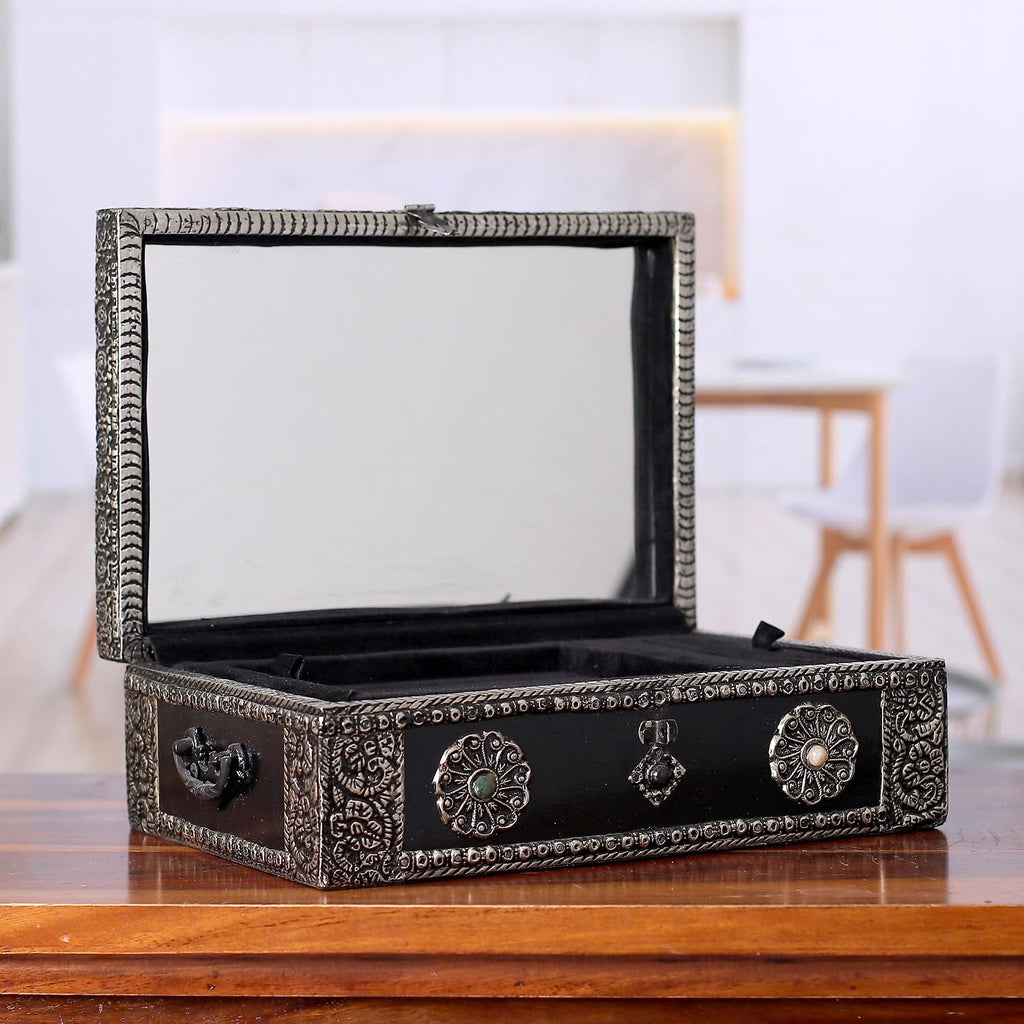 NOVICA Nickel Repousse Mango Wood Jewelry Box with Glass Accents, 'Antique Sophistication'