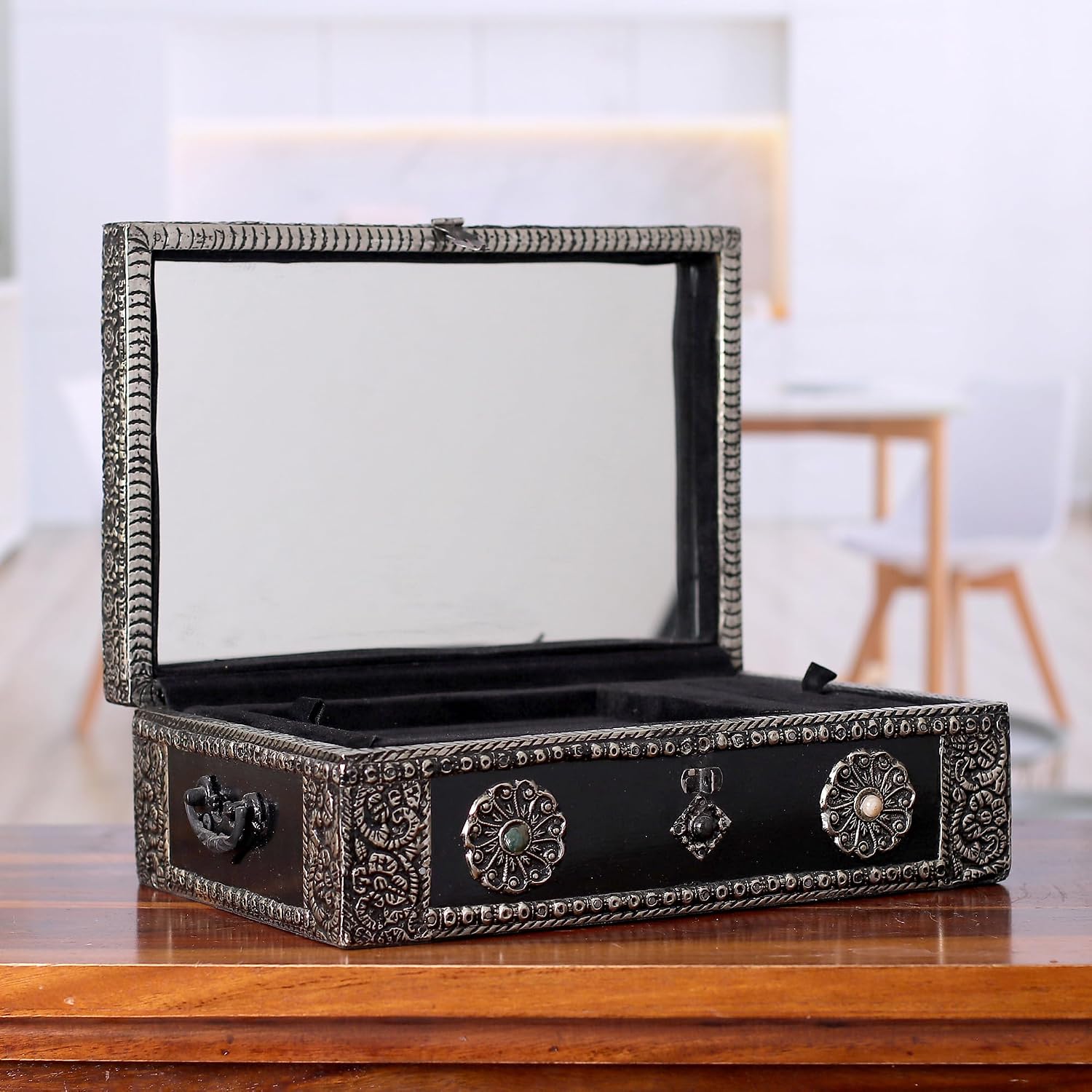 NOVICA Nickel Repousse Mango Wood Jewelry Box with Glass Accents, 'Antique Sophistication'