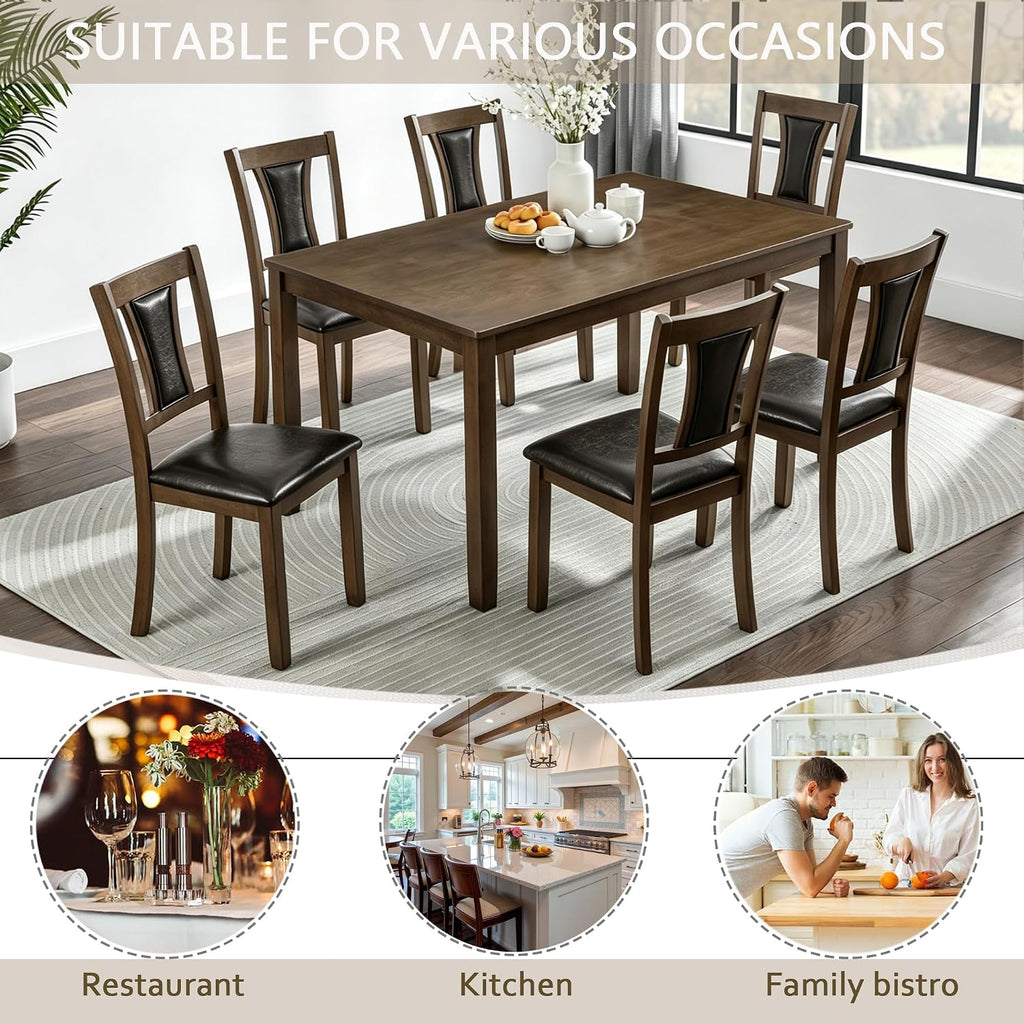 LUMISOL 7-Piece Modern Dining Table Set with Upholstered Chairs of 6, Wooden Rectangular Table for 6-8 People, Farmhouse Kitchen Set for Restaurant, Walnut