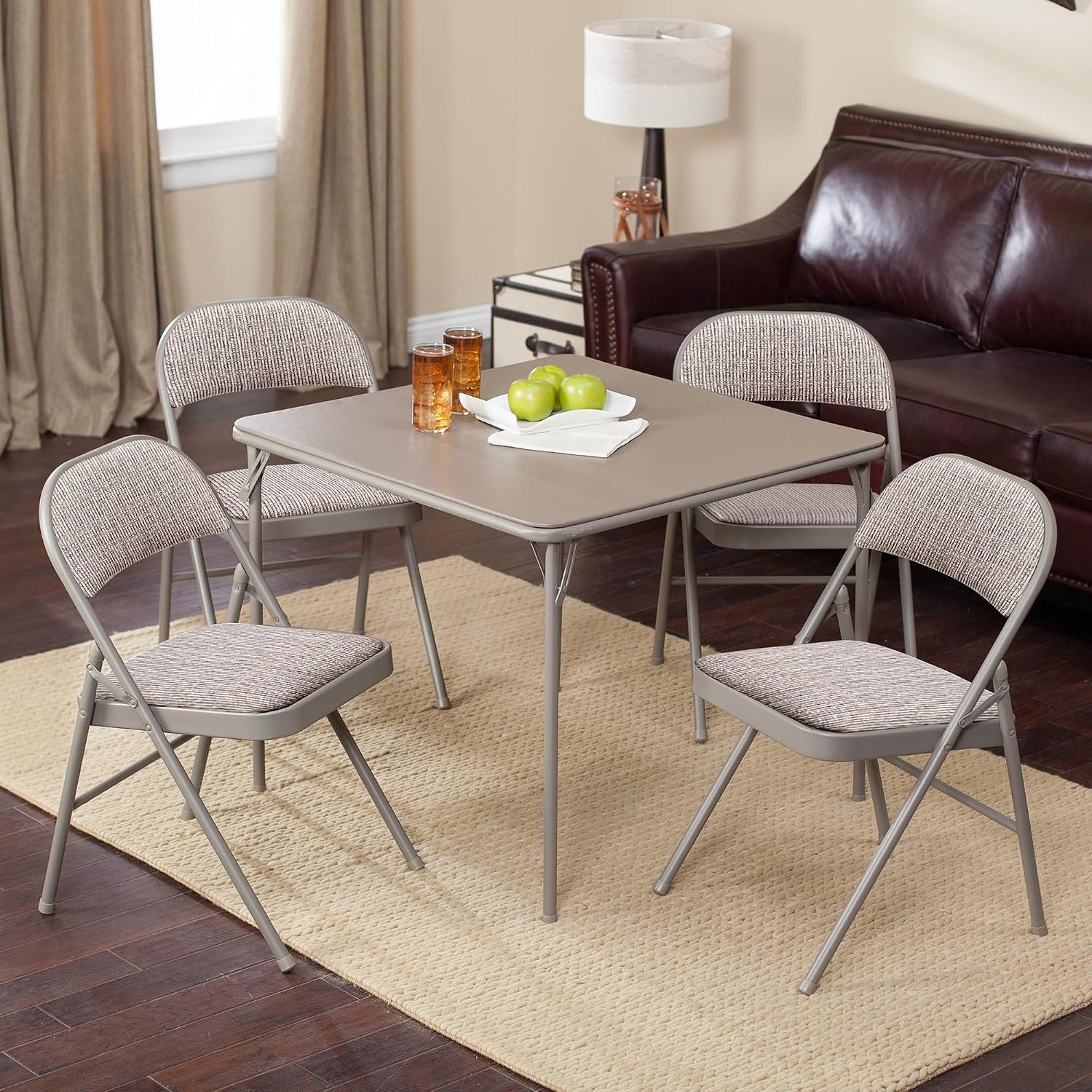 MECO 4-Pack Steel Frame Folding Dining & Event Chairs, Chicory Lace Motif Upholstery, Beige - Foldable Seating with Cushioned Seat and Padded Back for Kitchen, Parties or Game Tables