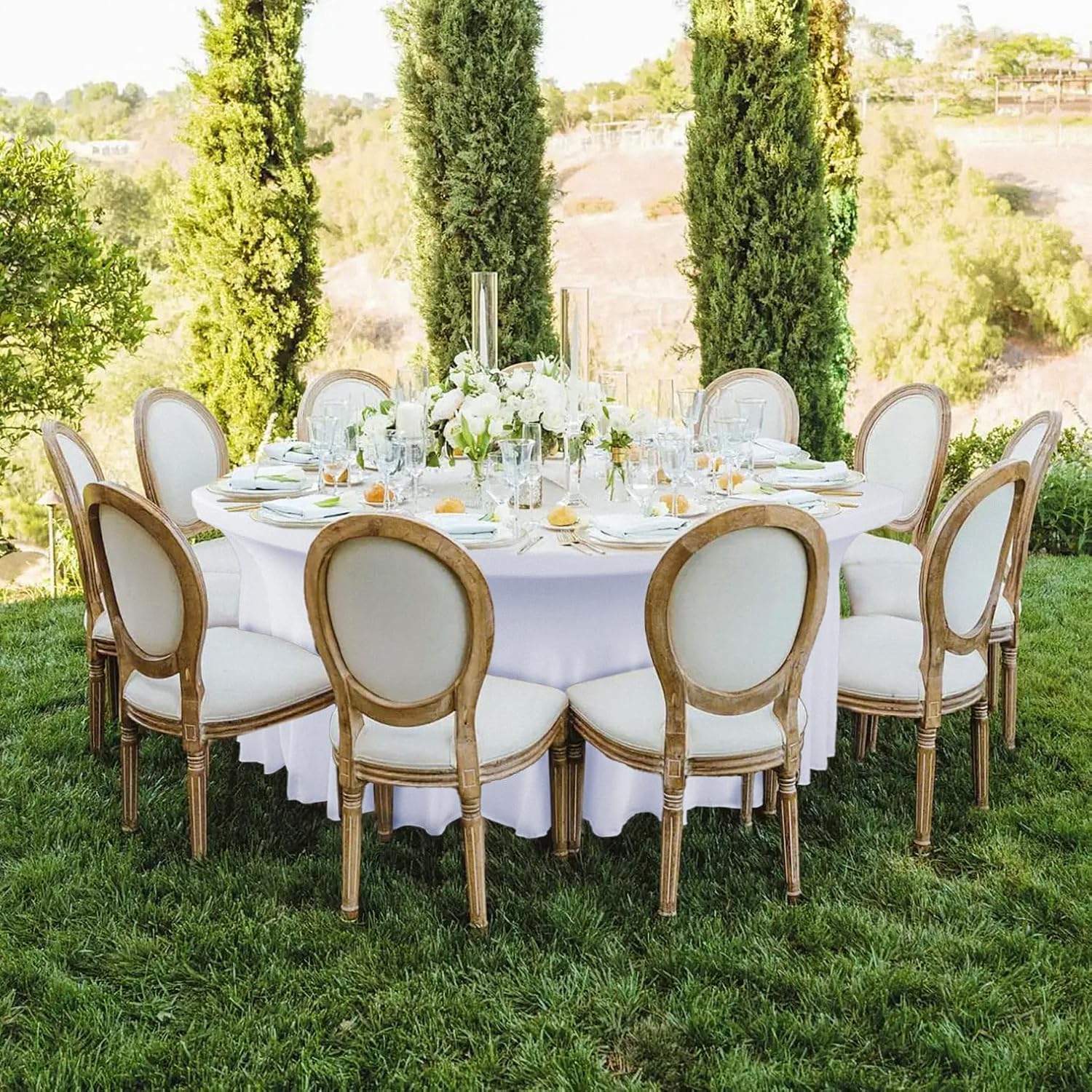 10 Pack White Spandex Round Tablecloths for 60inch Tables, 120 Inch Stretchy 5ft Round Fitted Tablecloth Wrinkle Free Washable Table Cloths Table Covers with Skirt for Wedding Party Birthday Banquet