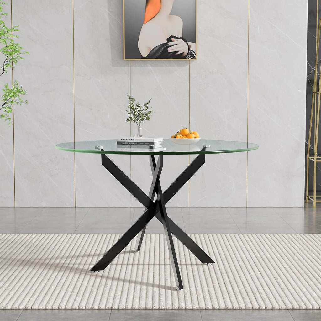 47.25' Round Dining Table for 6, Modern Clear Glass Kitchen Table for 6 with Black X Metal Legs, Contemporary Small Circle Dining Room Leisure Tables for Kitchen Apartment