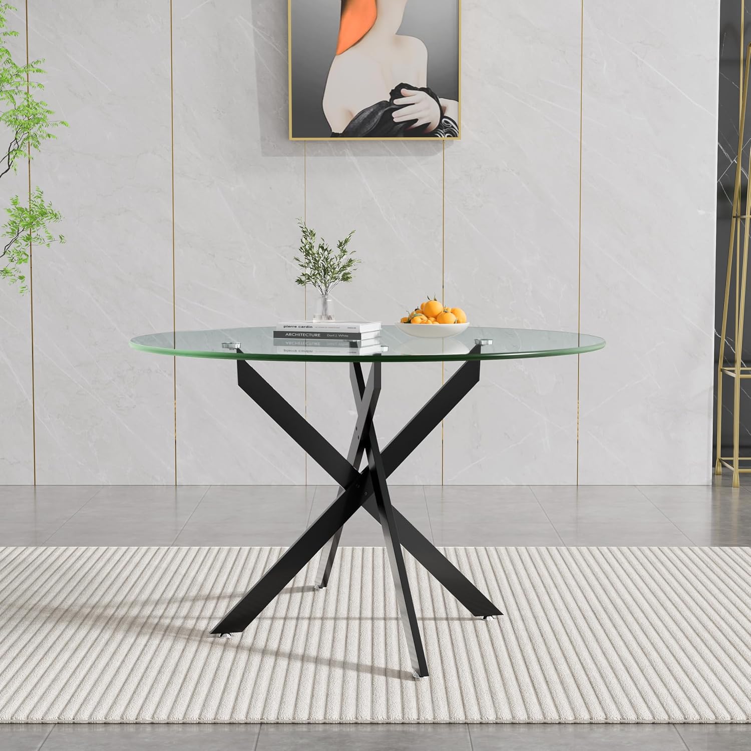 47.25' Round Dining Table for 6, Modern Clear Glass Kitchen Table for 6 with Black X Metal Legs, Contemporary Small Circle Dining Room Leisure Tables for Kitchen Apartment