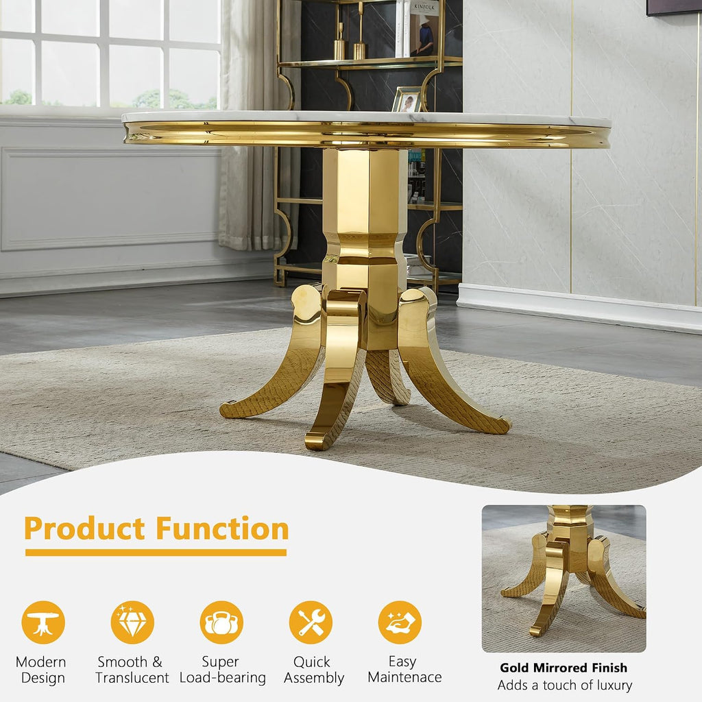 45 inch Round Marble Dining Table for 4 to 6, Modern Circular White Faux Marble Kitchen Table with Gold Stainless Steel Leg, Round Kitchen Dining Room Table for Breakfast Dinette Dinner Dinning Room