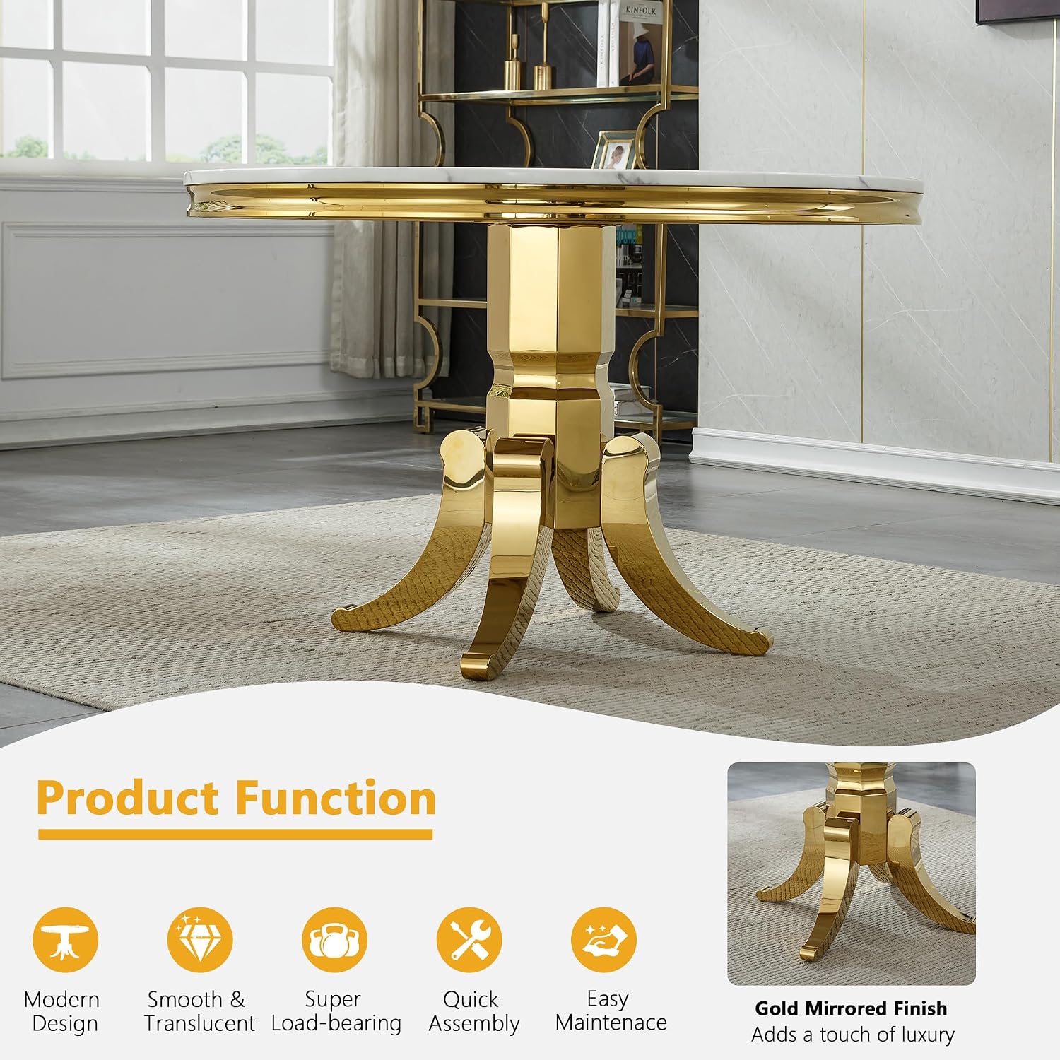 45 inch Round Marble Dining Table for 4 to 6, Modern Circular White Faux Marble Kitchen Table with Gold Stainless Steel Leg, Round Kitchen Dining Room Table for Breakfast Dinette Dinner Dinning Room