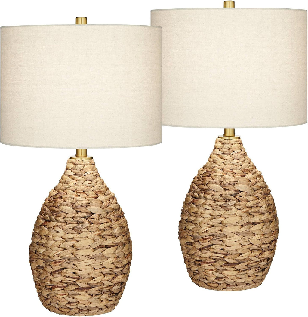 360 Lighting Corona 25 1/2' High Coastal Farmhouse Rustic Natural Cottage Table Lamps Set of 2 Woven Reed Off-White Shade Living Room Bedroom Bedside Nightstand House Office (Colors May Vary)