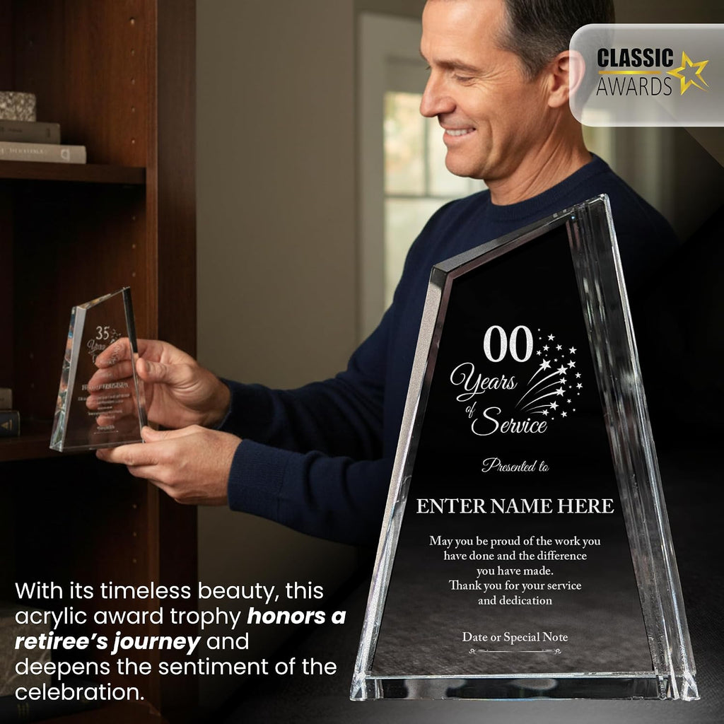 Personalized Acrylic Retirement Gifts For Men and Women, Laser Engraved Custom Trophy for Service Recognition, Years Of Service Retirement Trophy Award for Boss, Employee, Teacher Crystal Peak)