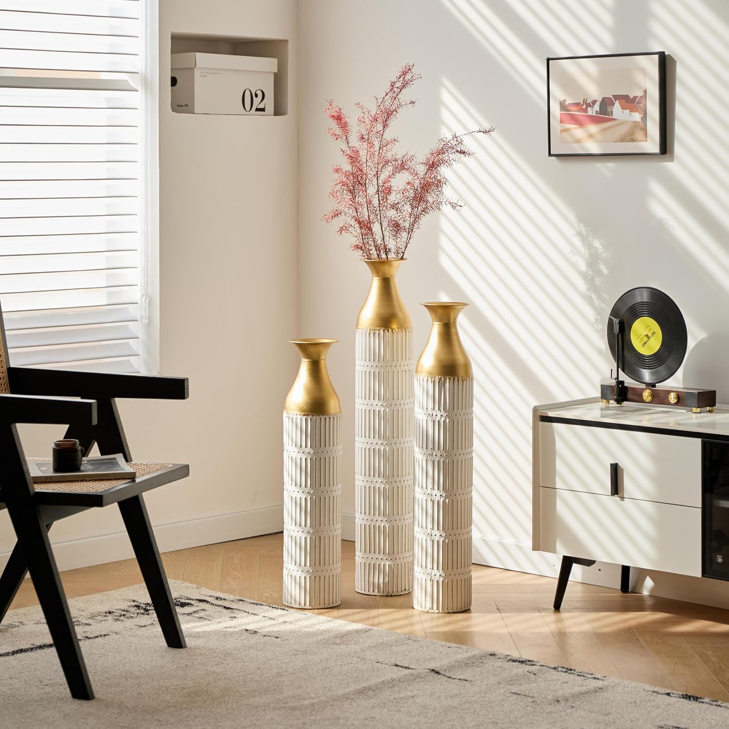 Gold-White Metal Floor Vase Set - 3D Floral Relief Cylinder Vases for Living Room, Entryway & Office Decor, Rustproof Tall Standing Home Décor 24in/28.7in/33.5in
