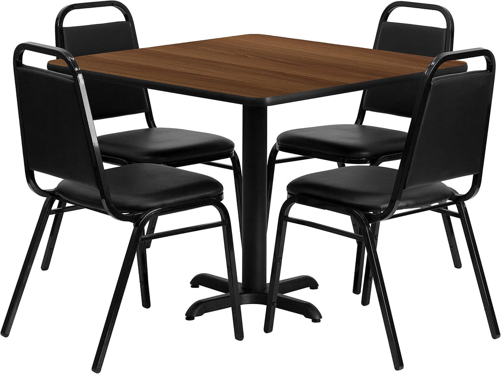 Flash Furniture Carlton 36'' Square Walnut Laminate Table Set with X-Base and 4 Black Trapezoidal Back Banquet Chairs