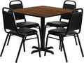 Flash Furniture Carlton 36'' Square Walnut Laminate Table Set with X-Base and 4 Black Trapezoidal Back Banquet Chairs