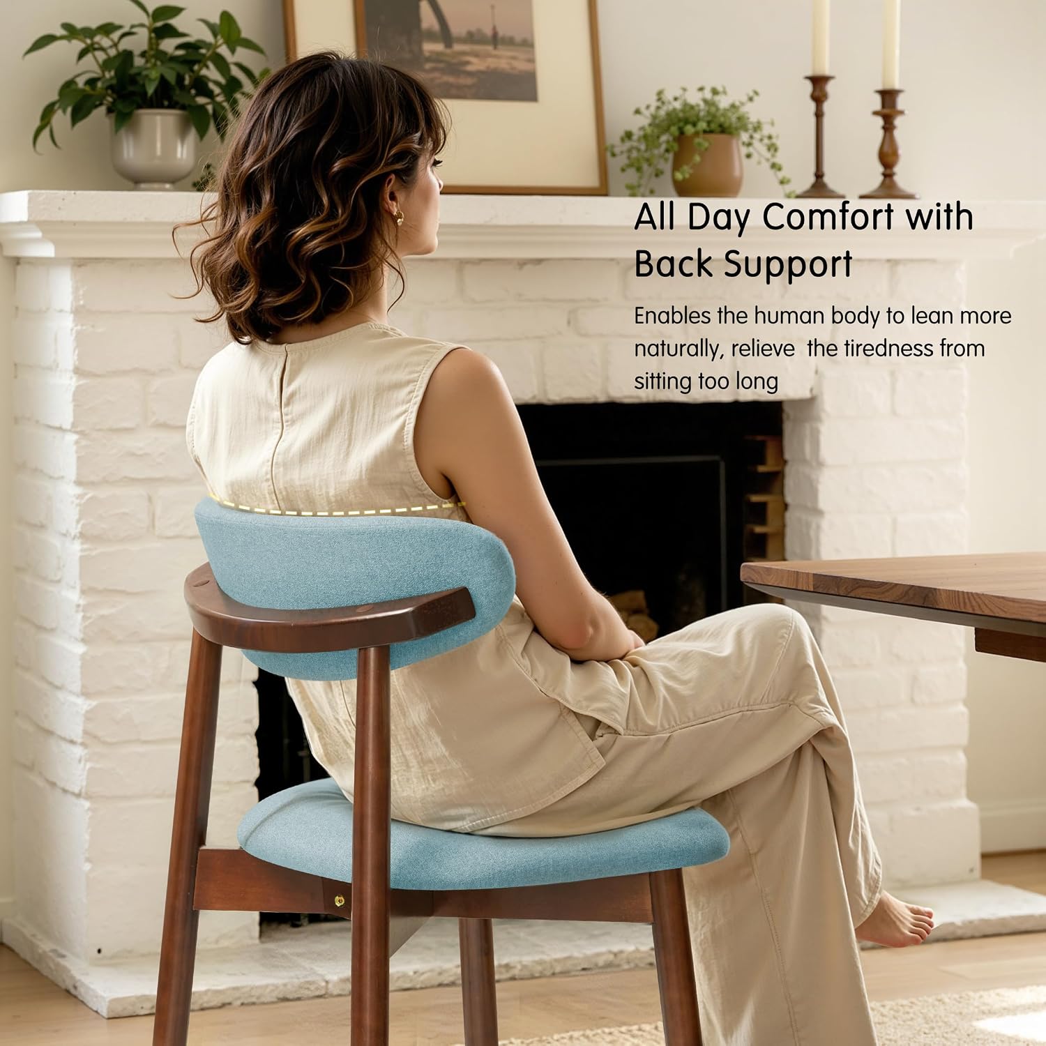 CHUN YI Dining Chairs Set of 4, Upholstered Solid Wood Dining Room Chairs, Mid Century Modern Fabric Kitchen Chairs with Ergonomic Curved Back, Blue (Only Chairs)
