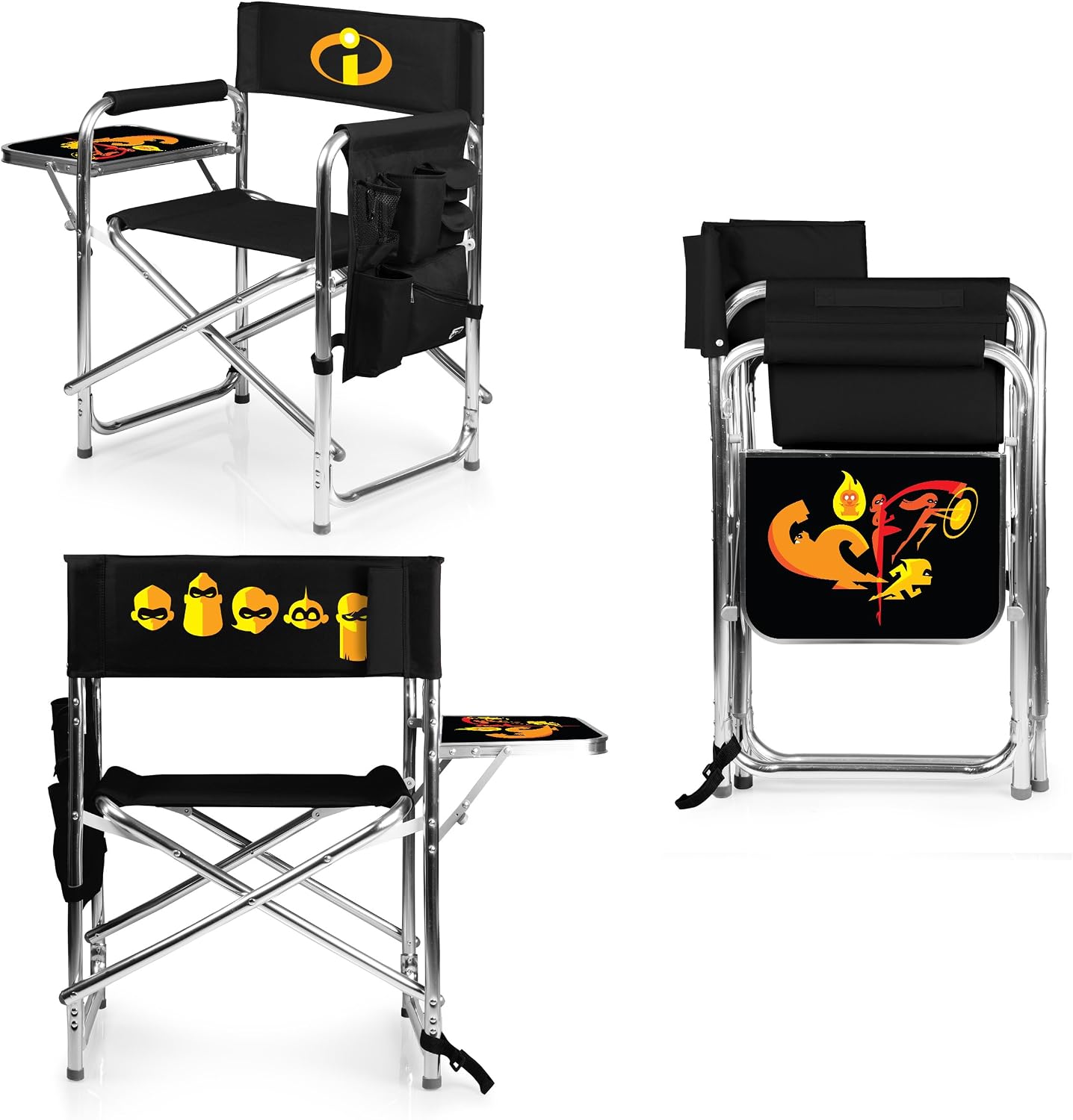 Picnic TIME Disney The Incredibles Sports Chair with Side Table, Folding Beach and Camp Chair, Portable Outdoor Chair with Carry Strap and Storage Pockets, (Black)