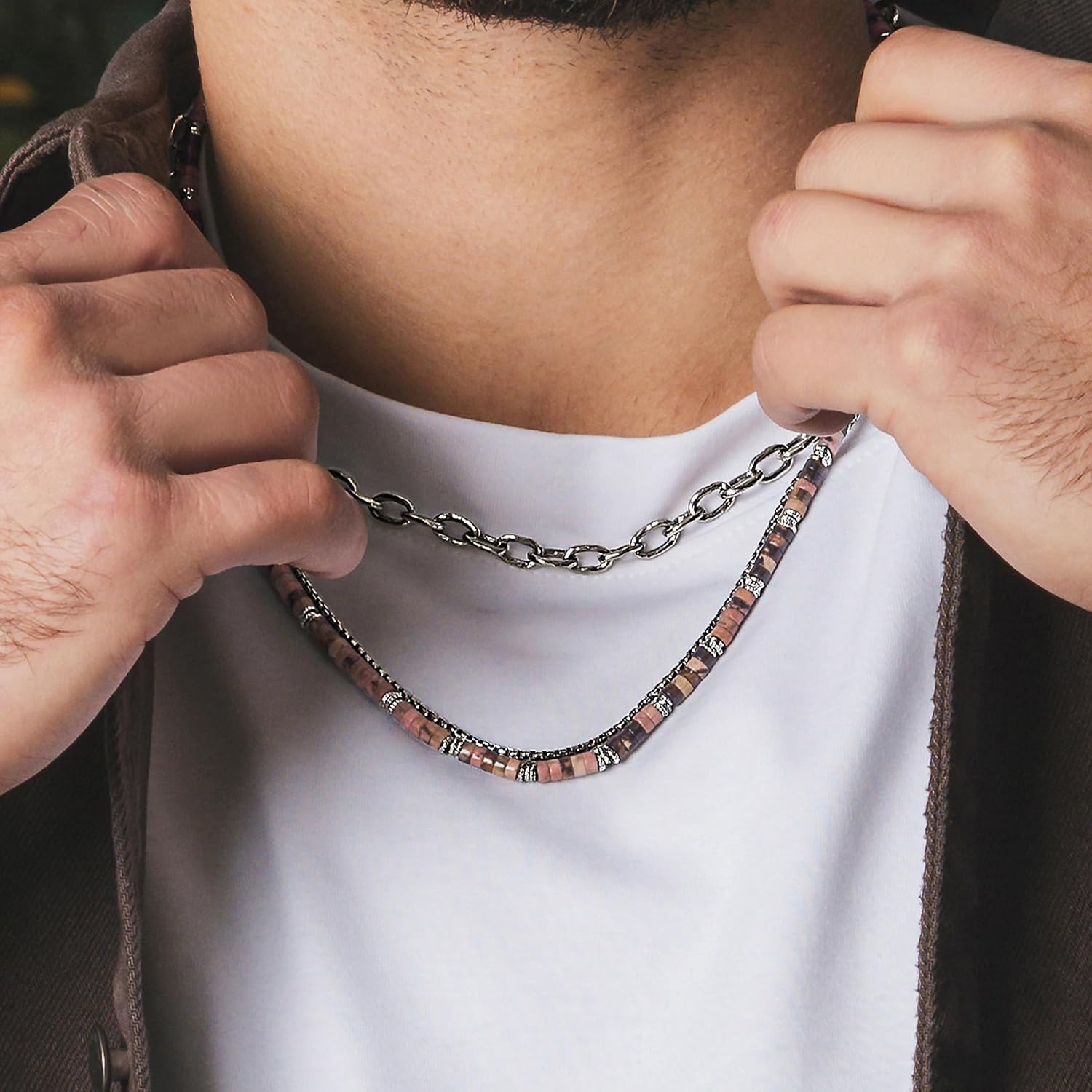 JEAN RACHEL JEWELRY Men's 3-Piece Necklace Layering Set - Hammered Link Chain, Sleek Box Chain & Rhodonite Beads - Refined Bundle