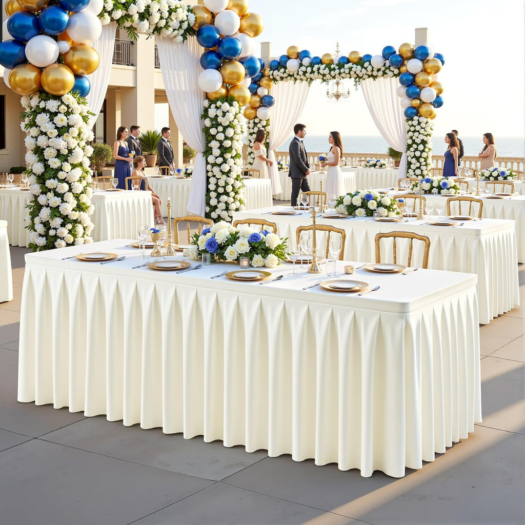 6 Pack Ivory Rectangle Tablecloth 8 FT Stretch Spandex Fitted Table Cloth for 8 Foot Rectangle Tables Banquet Tablecloths Wrinkle Free Table Cover Skirt Ruffle Tablecloth for Party Wedding Birthday