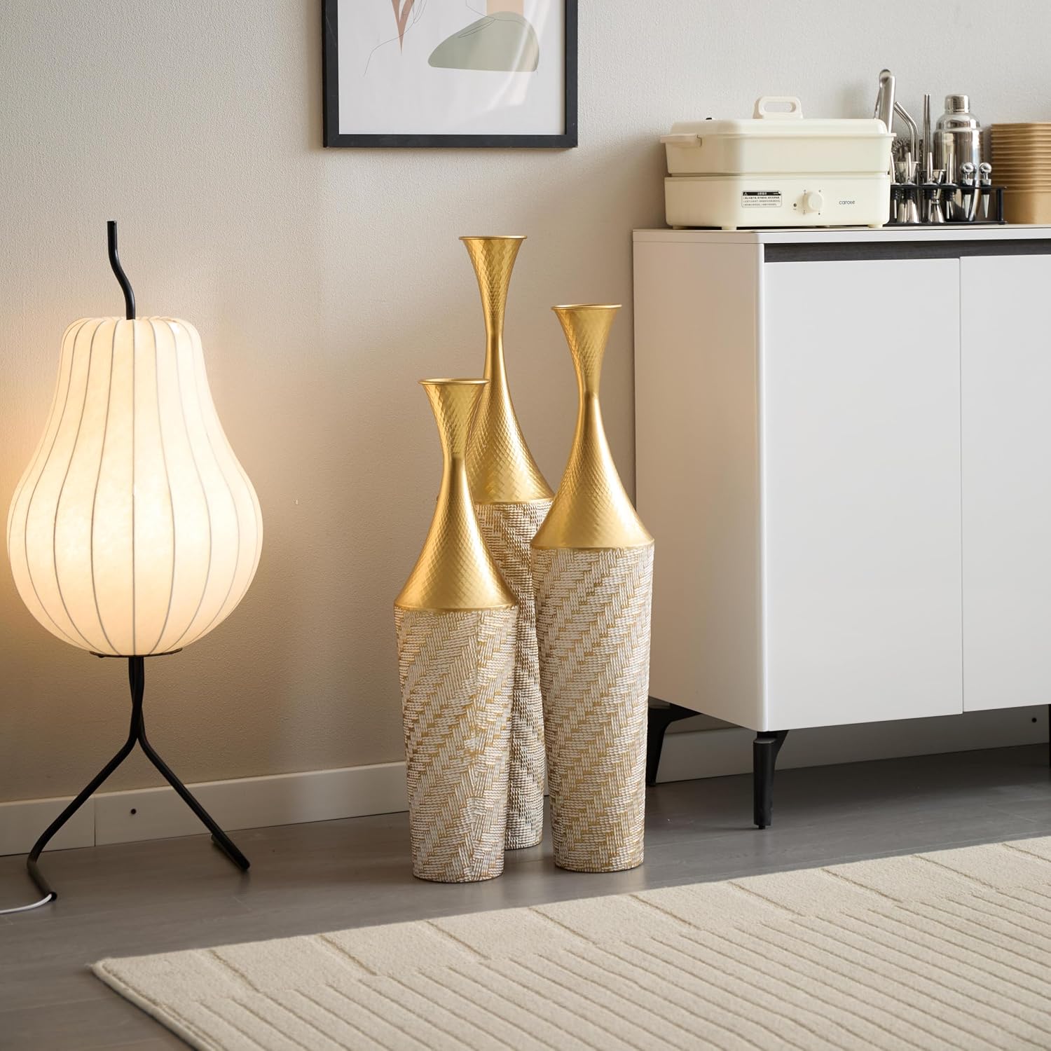 Floor Metal vase Modern Style Decoration Home Woven Pattern Metal vase 3-Piece Set Gorgeous Home Decoration Large Glazed Metal vases (Gold+White Woven Pattern)
