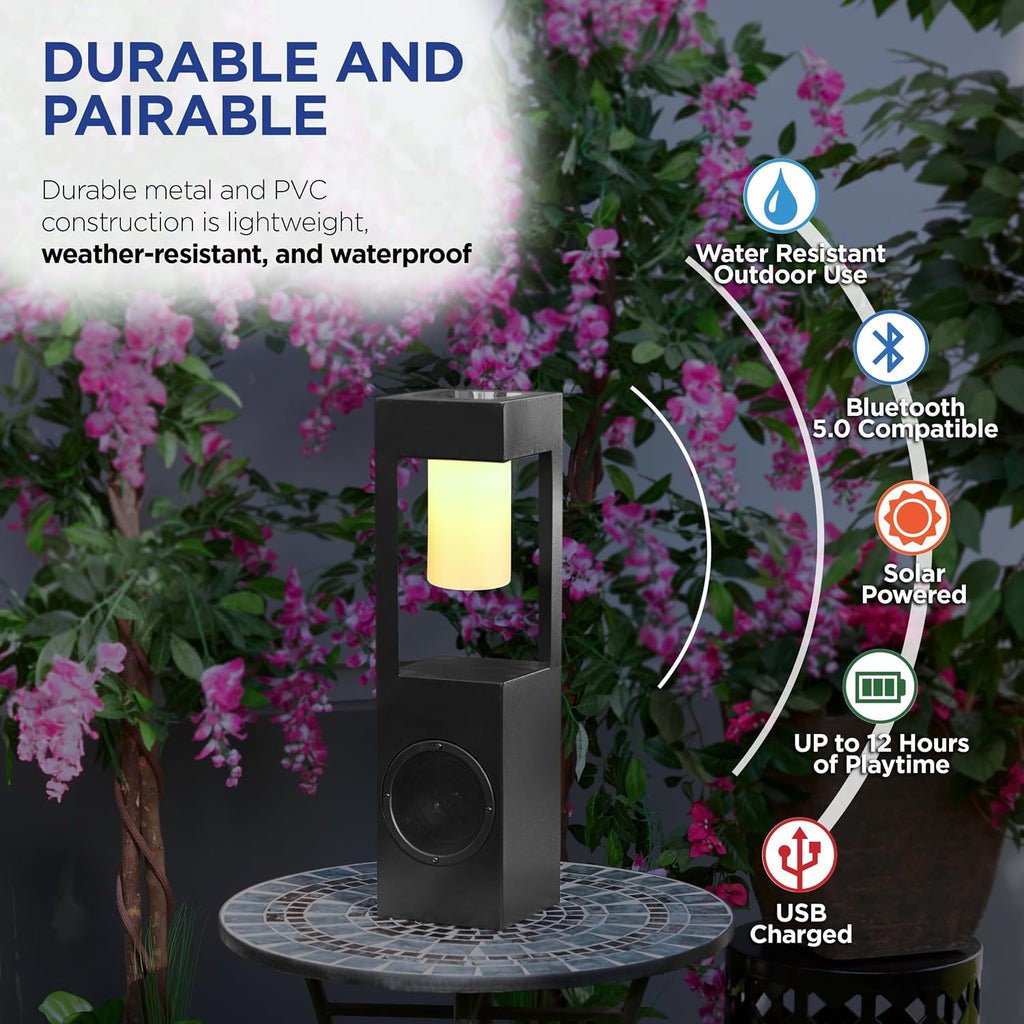 Alpine Corporation Outdoor Solar Metal Bluetooth 5.0 Speaker Plays 50 Foot Sound Range with Ground Stake and LED Lights, 24' H, Black