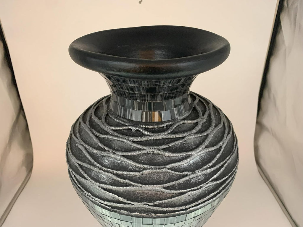 Floor Vase, 24 Inch Mosaic Vase – Tall Cylinder Made of Terracotta with Grey and Black Glass Mosaic Pieces – Handcrafted Decorative Home Décor Accent Piece for Bedroom, Living Room, Office
