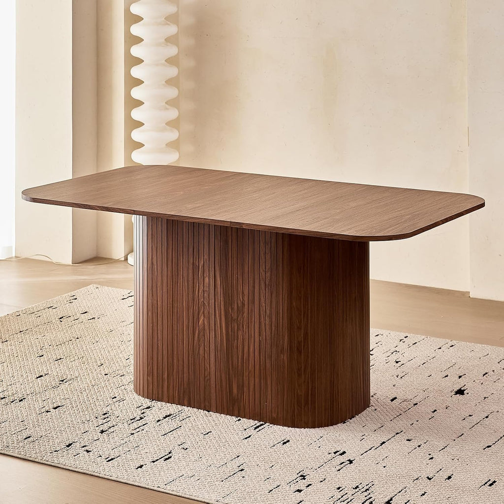 Large 63' Large Dining Table for 4 6, [Rounded Corners] [Grooved Pedestal Base] Modern Rectangle Kitchen Dinner Dining Living Room Table