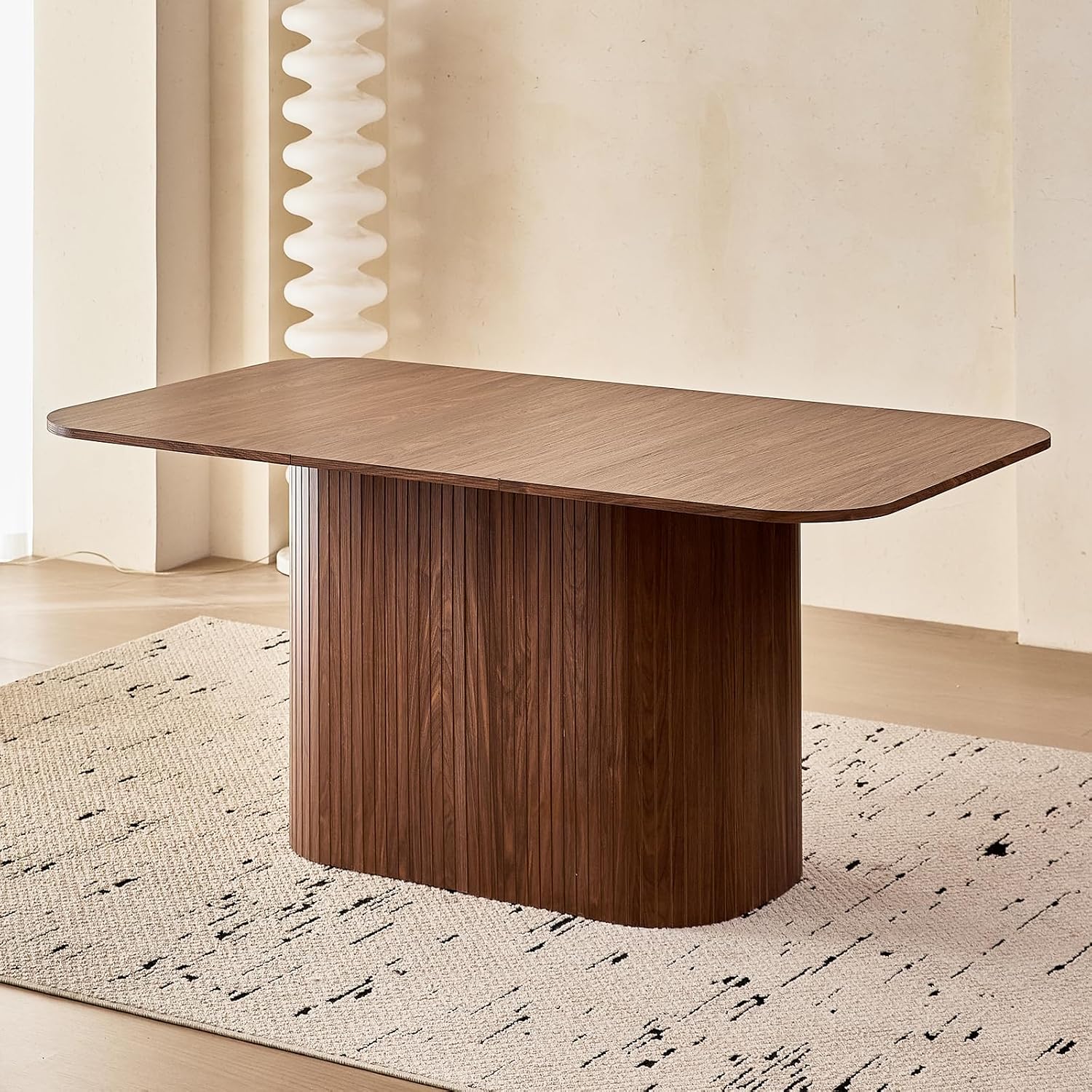 Large 63' Large Dining Table for 4 6, [Rounded Corners] [Grooved Pedestal Base] Modern Rectangle Kitchen Dinner Dining Living Room Table