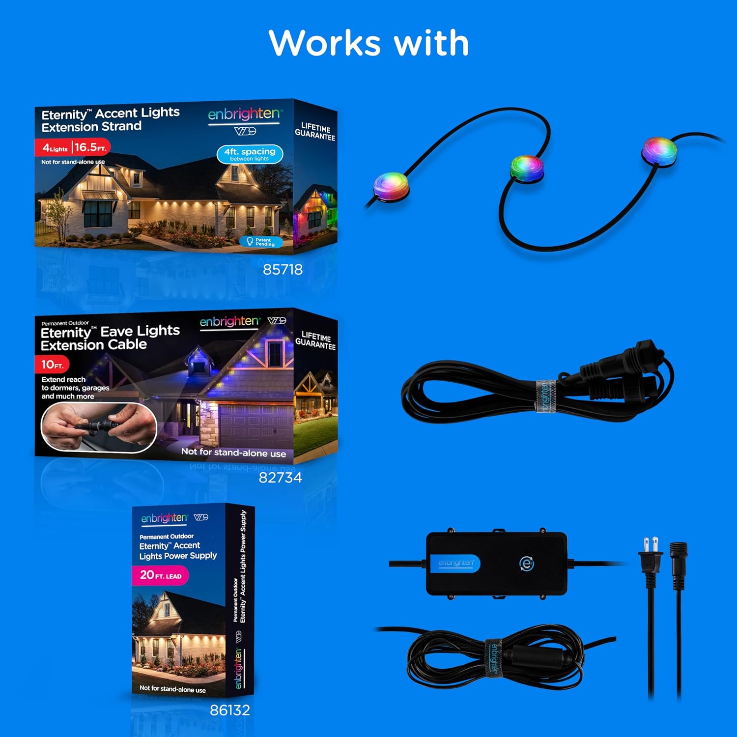 Enbrighten Eternity Accent Permanent Outdoor Lights, 100ft with 24 RGBWIC LED Lights, App‑Controlled, Cuttable, Christmas, Accent & Year‑Round Eave Lighting, Works with Alexa & Google Home, 85714