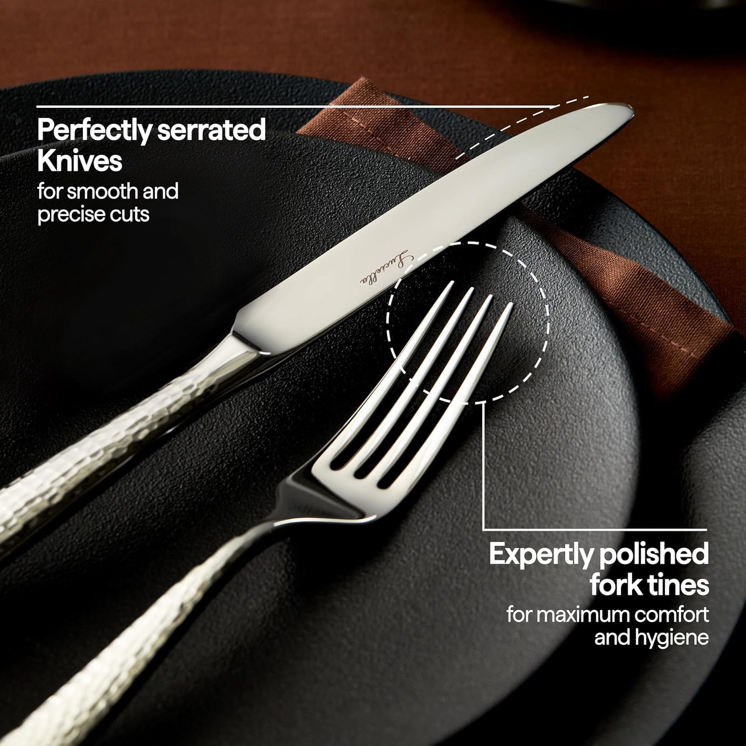 Luciella Ponza Flatware Set for 12, 65-Piece Stainless Steel Silverware Set with Serving Utensils, Timeless Hammered Design, Rust-Resistant, Mirror Polished & Dishwasher Safe, House Warming Gifts