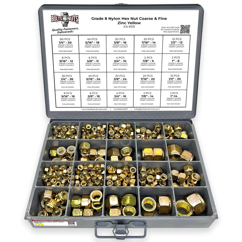Grade 8 Nylon Hex Nut Coarse & Fine Zinc Yellow Assortment - 379 Pieces