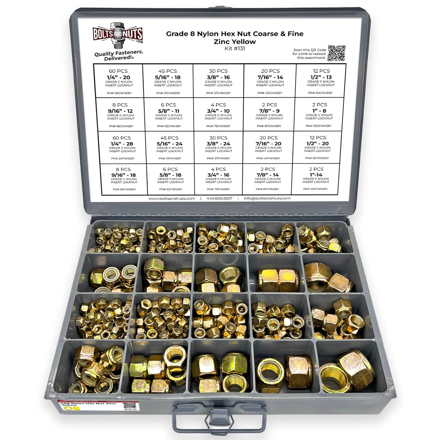 Grade 8 Nylon Hex Nut Coarse & Fine Zinc Yellow Assortment - 379 Pieces