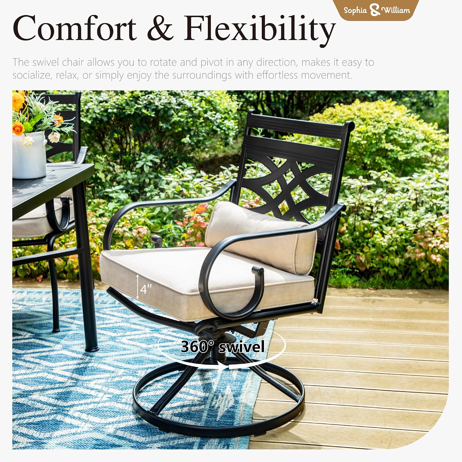 Sophia and William Swivel Patio Dining Set for 4, Outdoor Table and Chairs, Removable Seat Cushions, Black 42' Round Patio Dining Table