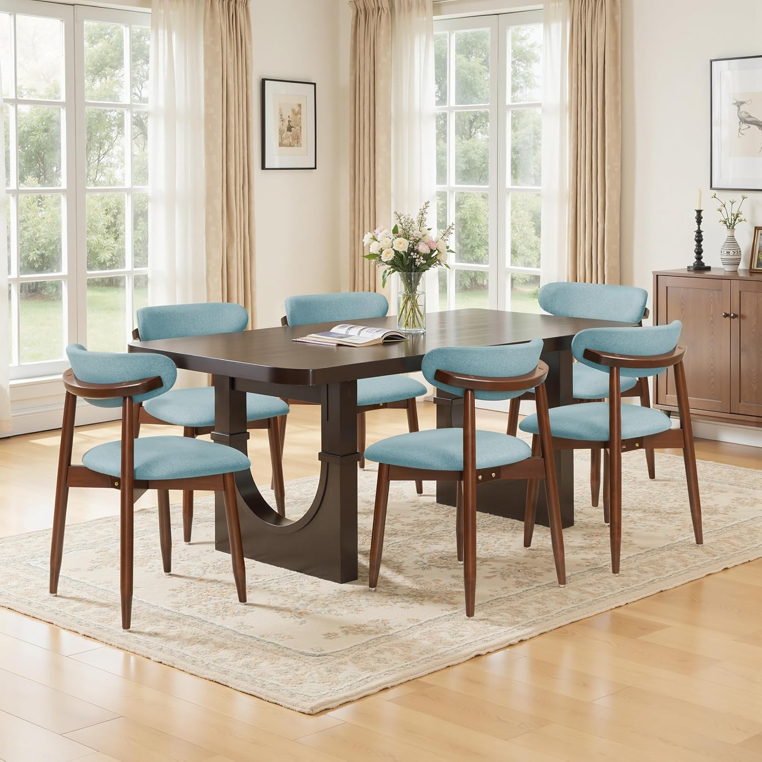 CHUN YI Dining Chairs Set of 4, Upholstered Solid Wood Dining Room Chairs, Mid Century Modern Fabric Kitchen Chairs with Ergonomic Curved Back, Blue (Only Chairs)