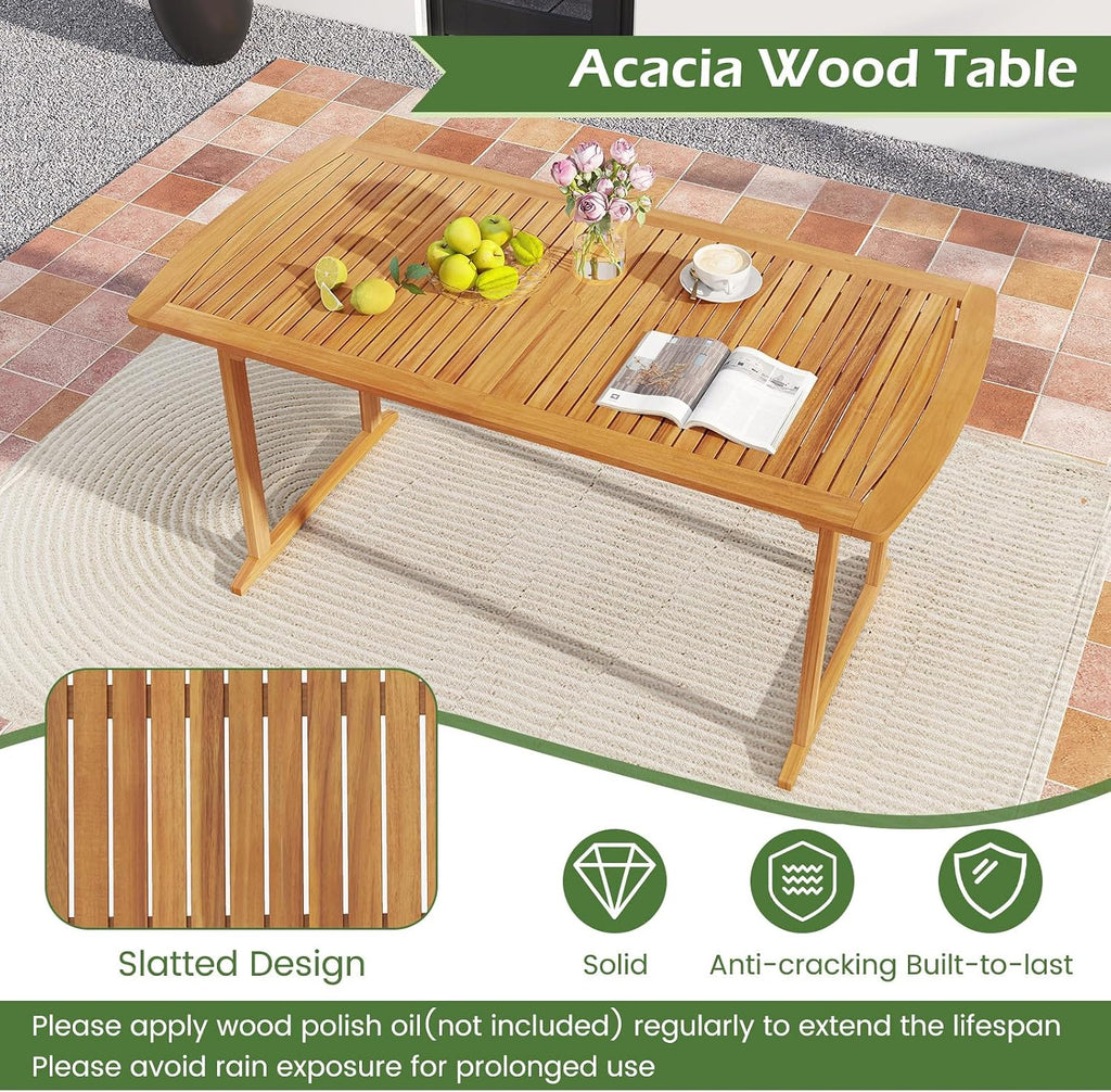 Tangkula 7 Piece Patio Acacia Wood Dining Set for 6, Patio Rectangle Table with Umbrella Hole & 6 Cushioned Armchairs, for Backyard Garden Poolside Deck, Natural