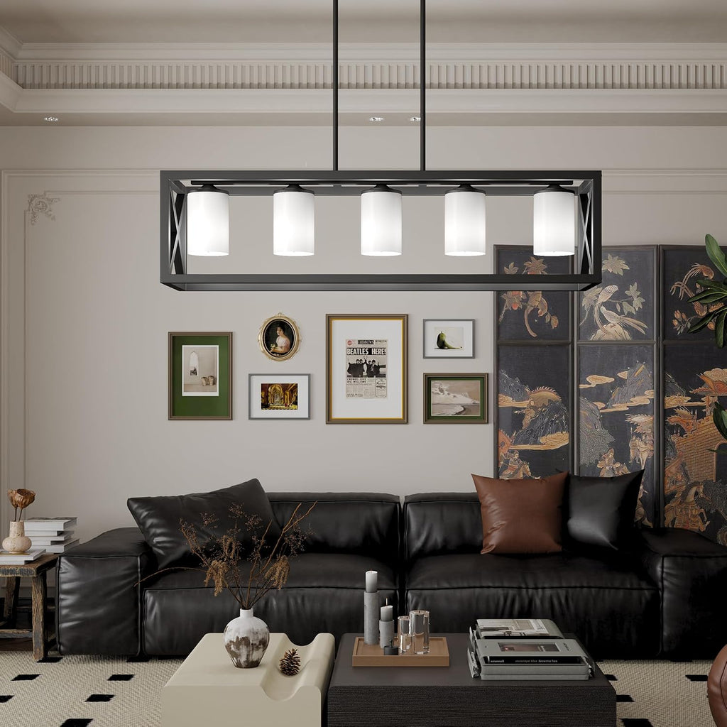 Black White Dining Room Light Fixture - 5 Light Rectangle Light Fixtures with Milk White Glass Shade & Adjustable Height & Thickened Metal Dining Table Lights Fixture Chandeliers for DiningRoom
