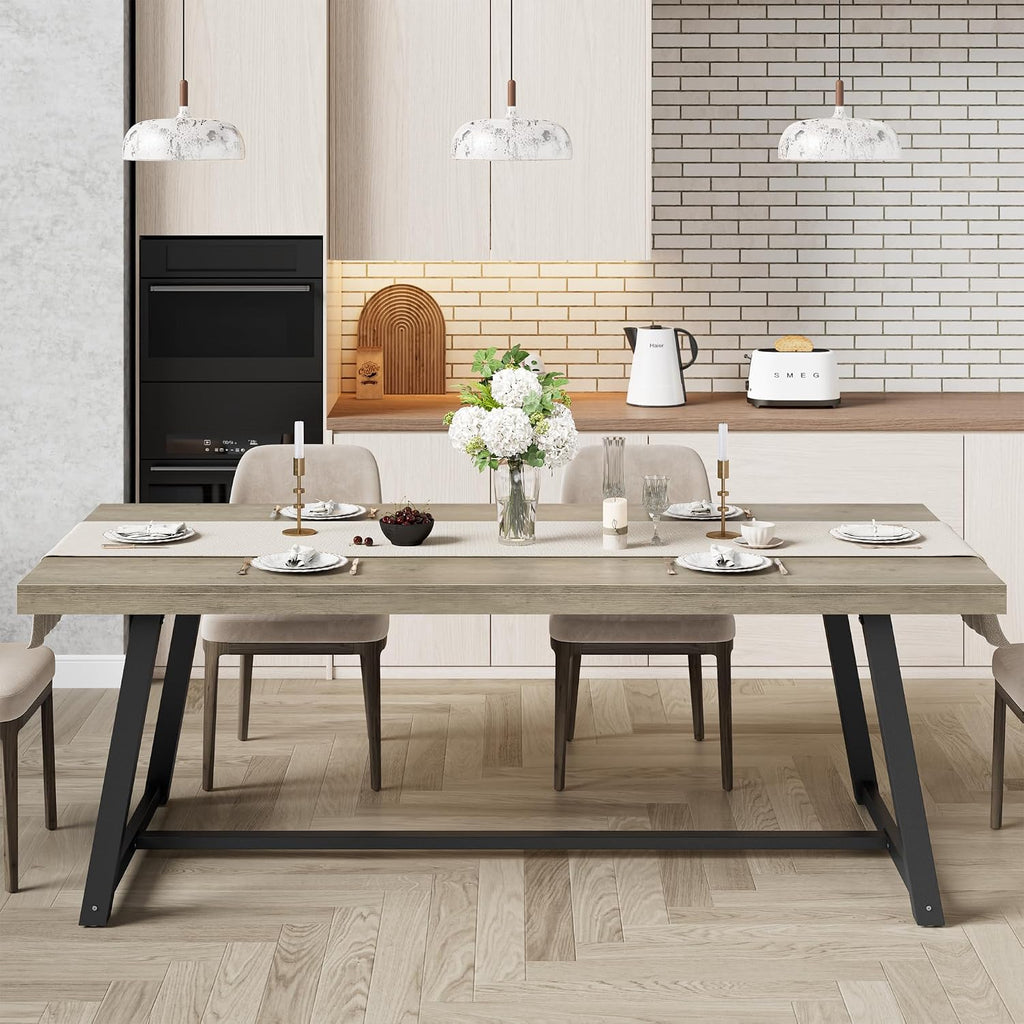 IRONCK 71' Dining Table for 6-8 People, Industrial Kitchen Table with Sturdy Metal Frame, Rectangular Grey Wood Dinner Table for Dining Room