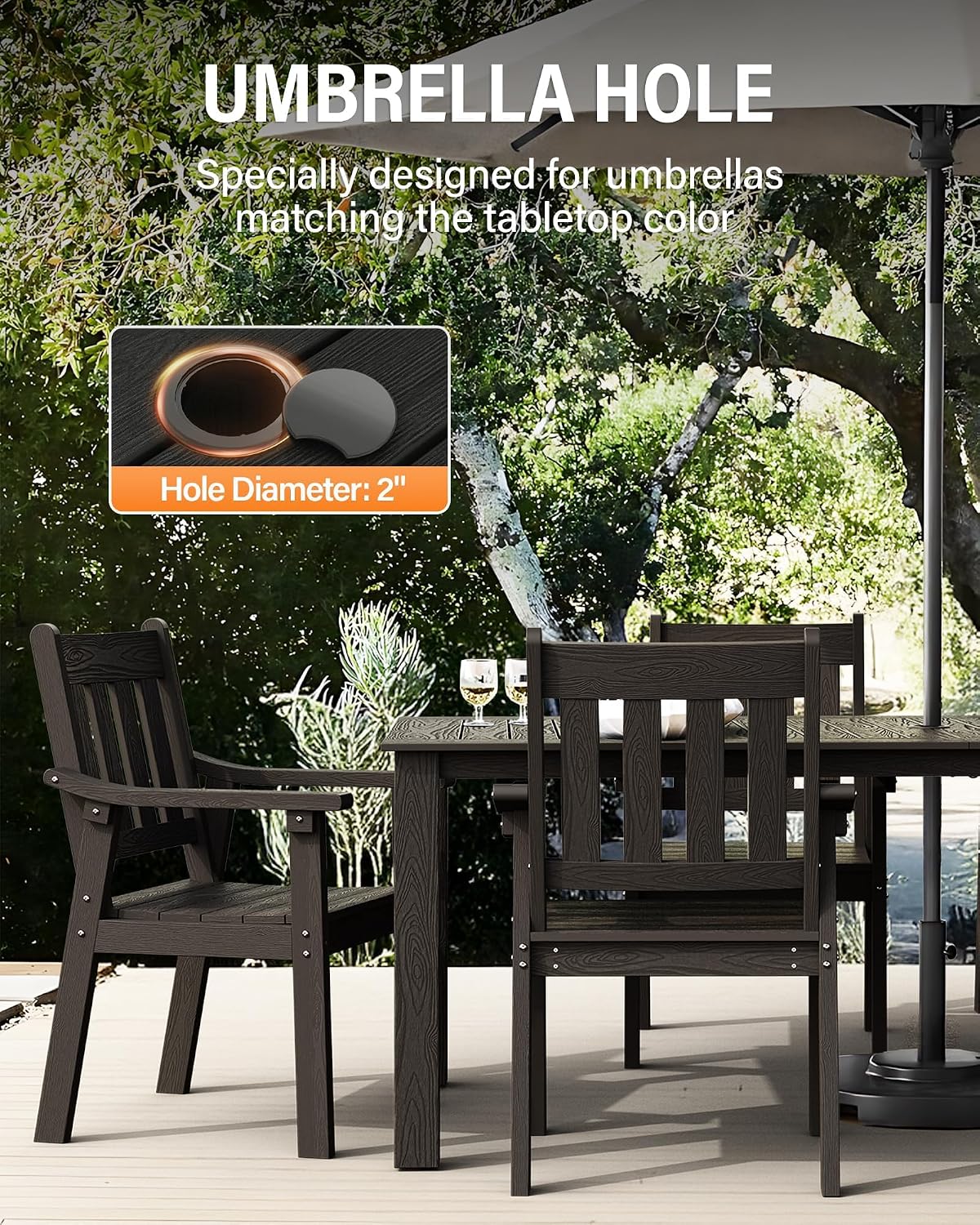 YEFU Outdoor Dining Table for 6: All Weather Rectangular Patio Table with Umbrella Hole and Aluminum Frame - Outdoor Furniture for Outside Backyard/Garden/Pool/Porch/Deck 300lbs Capacity Black