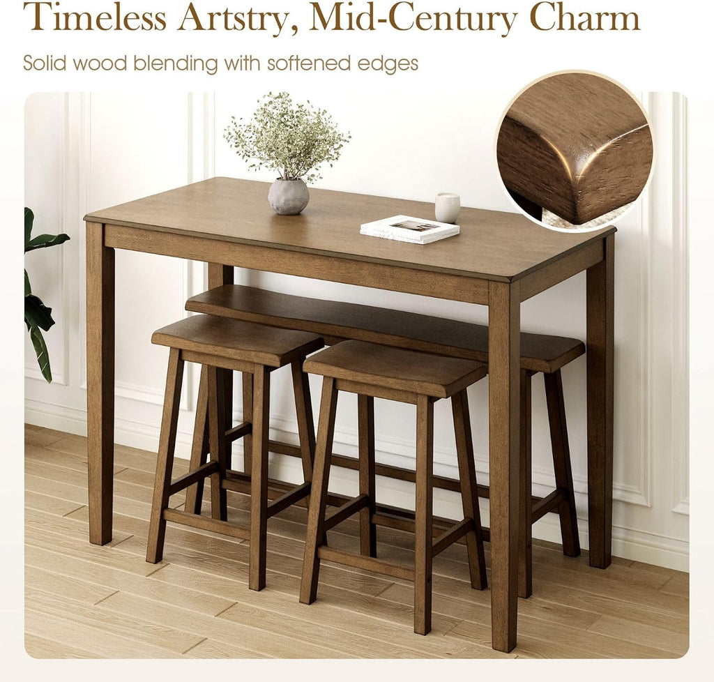 Sophia & William Dining Table Set for 4, Counter Height Table and Chairs, Kitchen Table Set with Bench and 2 Chairs, Small Breakfast Bar Dining Set, Rustic Caramel