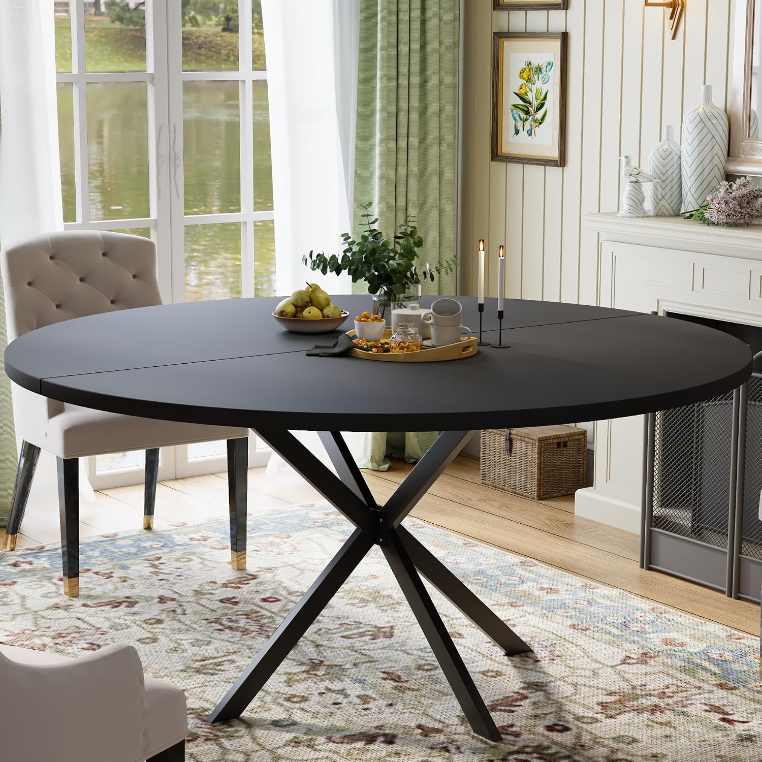 47.24' Round Dining Table, Modern Dining Room Table for 4-6 Person, Wood Round Kitchen Table with Metal Legs, Round Coffee Table for Home Dining Room Living Room (Black)