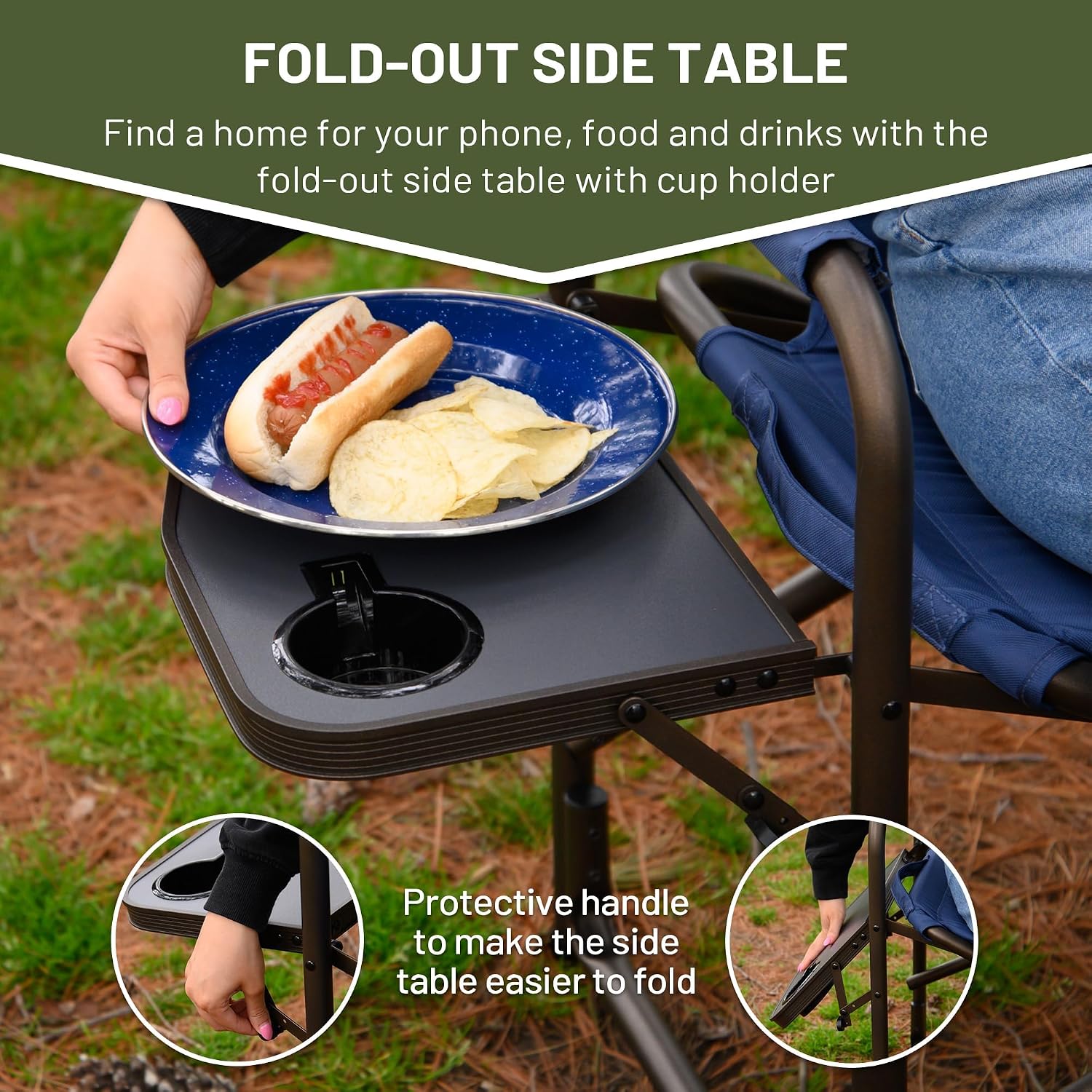 TIMBER RIDGE Folding Camping Chair with Cooler Bag, Director Chair Foldable with Side Table for Adults, Camp Chairs for Outdoor, Lawn, Sports, Fishing, Heavy Duty Supports 300lbs, Blue