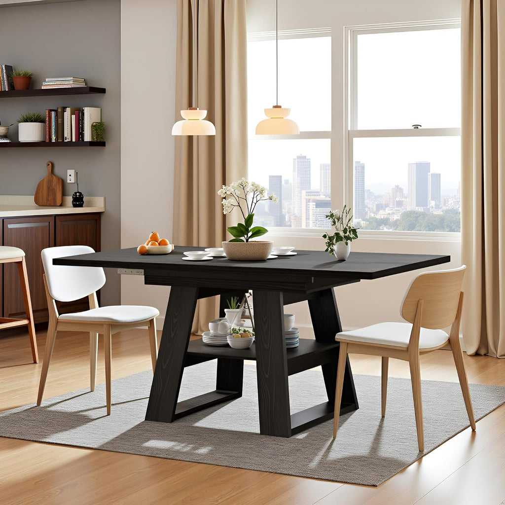 Lxsxlome 47.24''-66.92'' Extendable Dining Room Table for 4-6, Rectangle Extendable Kitchen Table with Removable Leaves, Space Saving, Wooden Dining Table with Storage Shelf (Style 2, Black)