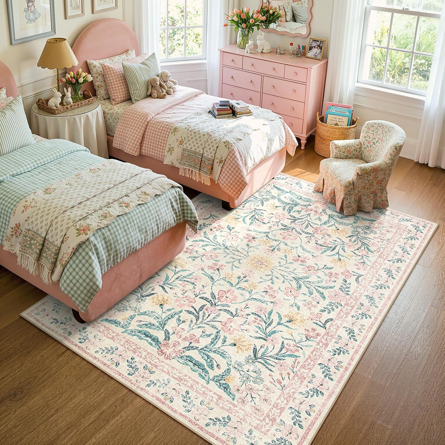 Lahome Sylvie Area Rugs 8x10 for Living Room, Boho Machine Washable Pink Cottage Decor for Girls Bedroom, Ultra-Thin Soft Cute Non Slip Floral Carpets for Dorm Reading Room Classroom, Pink/Multi