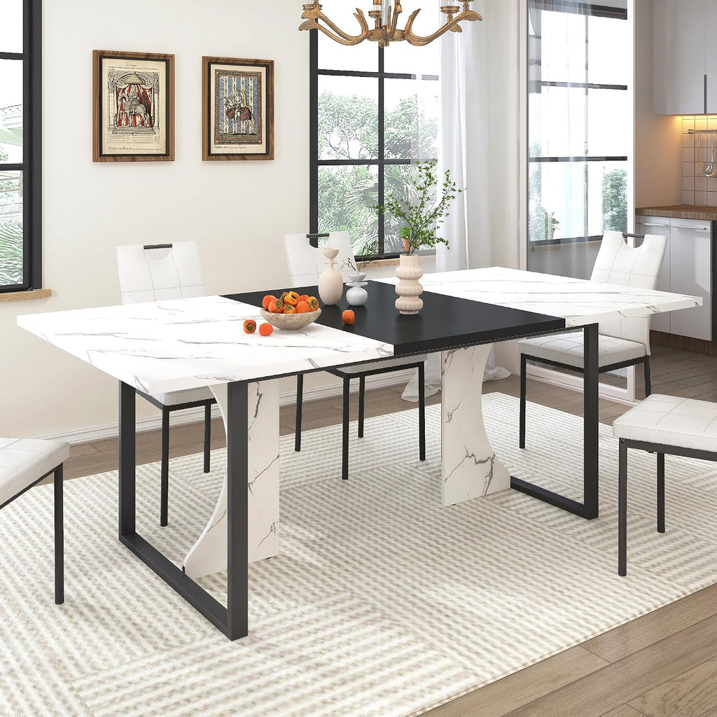 70 Inch Rectangular Dining Table for 4 5 6 People,Kitchen Dinner Table W/Marble-Color Wood Waterpoof Tabletop,Family 6 FT Dining Tables w/Adjustable Leg for Office Home Living Dining Room(White)
