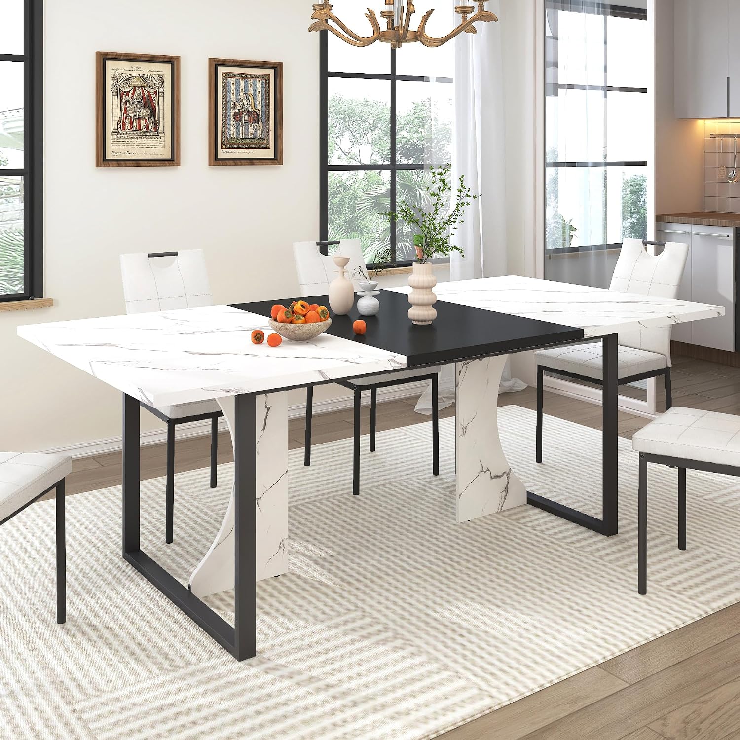 70 Inch Rectangular Dining Table for 4 5 6 People,Kitchen Dinner Table W/Marble-Color Wood Waterpoof Tabletop,Family 6 FT Dining Tables w/Adjustable Leg for Office Home Living Dining Room(White)