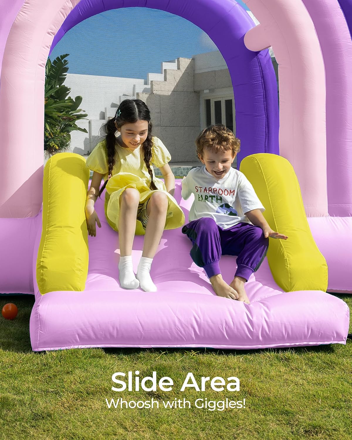 Outfunny Bounce House with Slide, Inflatable Bouncy House for Kids 3-12 w/Ball Pit, Outdoor & Indoor, Bounce Area 8'x8', Capacity 400 lb - Purple