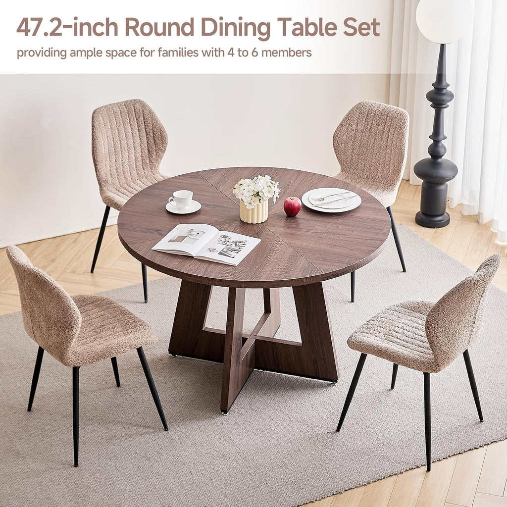 47' Round Dining Table Set for 4 with Chairs Kitchen Table and Chairs Set Mid-Century Modern Chair with Metal Leg for Apartment Living Room(Walnut Table with 4 Brown Chairs)