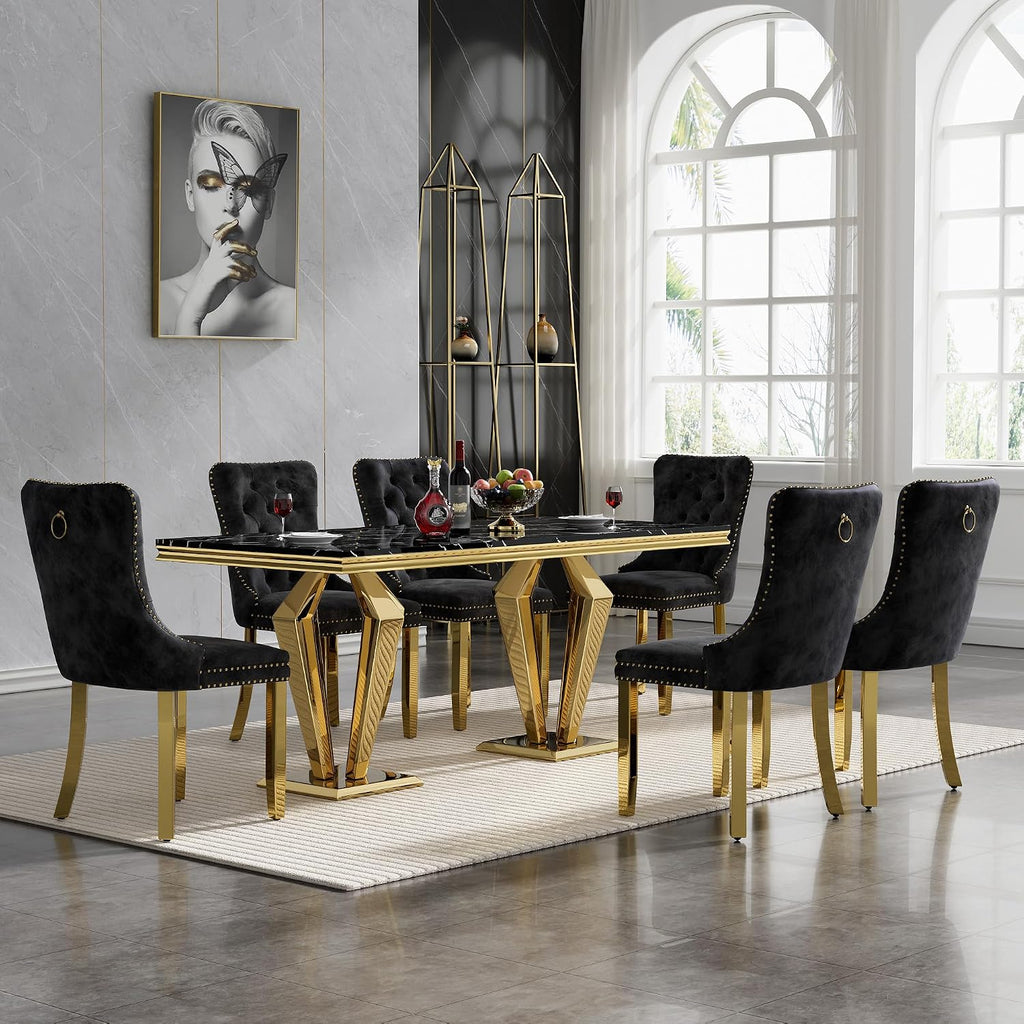 68' Luxury Rectangular Marble Dining Table for 4 to 6, Black Faux Marble Kitchen Table with Gold X Shape Stainless Steel Pedestal, Modern Kitchen Dining Room Table for Breakfast Dinette Dinner Party